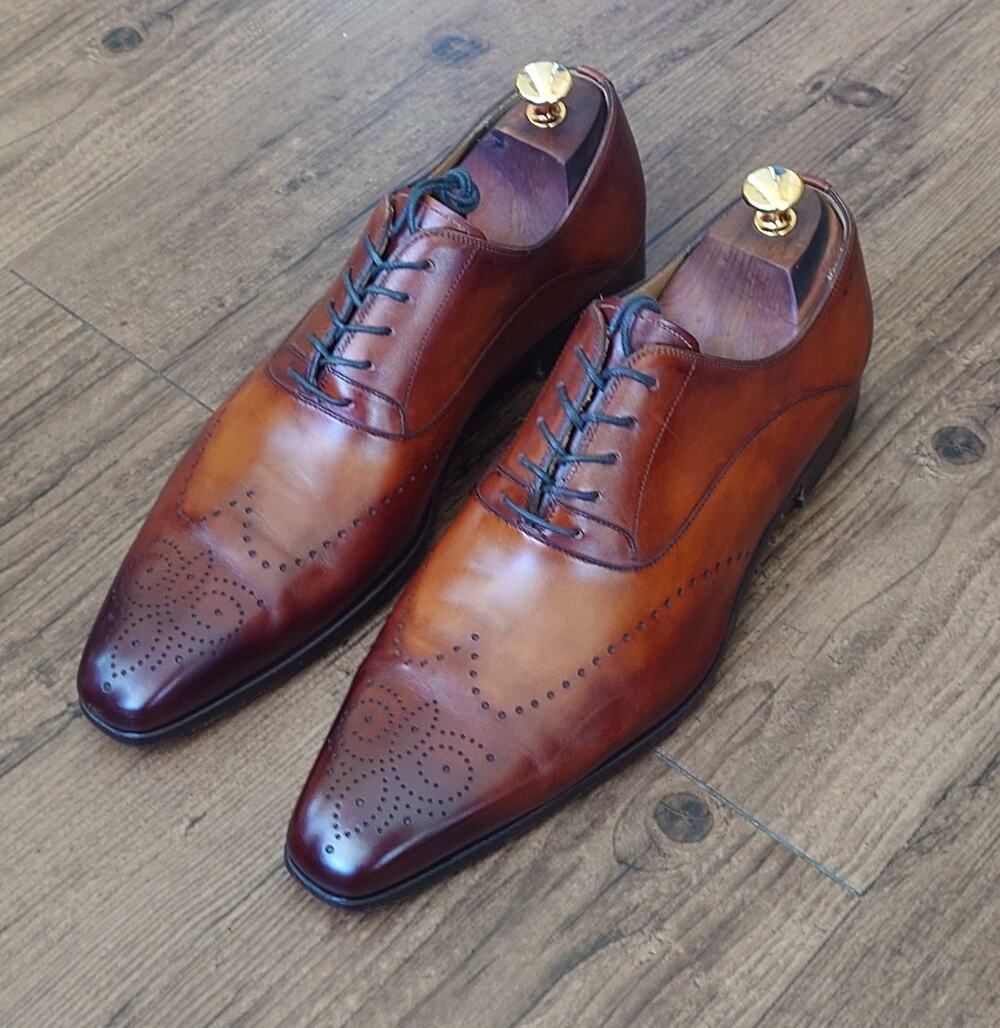 Magnanni Men’s Wingtips Oxford 10.5M Brown Burnished Leather Dress Shoe